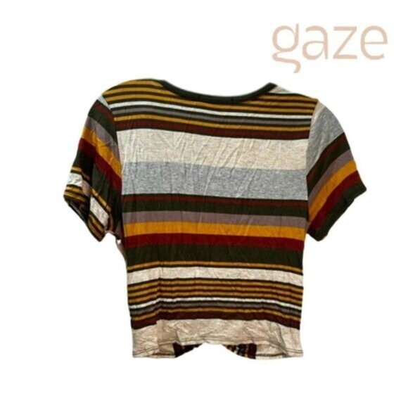 GAZE Women's Front Twist Short Sleeve Stripe Crop T-Shirt Tops Blouse - Picture 2 of 7